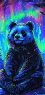 Vibrant neon forest with panda and aurora colors.