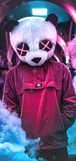 Panda mask with vibrant colors and atmospheric smoke.