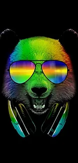 Colorful panda with sunglasses and headphones on black background.