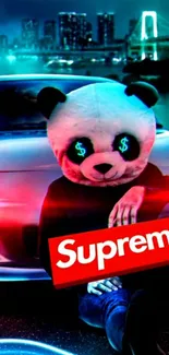 Panda with neon elements and cityscape in background.