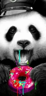 Colorful panda cartoon with a pink donut on phone wallpaper.