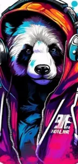 Colorful panda wearing headphones in vibrant artistic design.