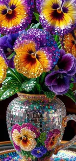Colorful pansies in a stunning mosaic vase.
