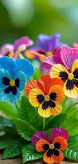 Vibrant pansies with lush green leaves.
