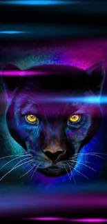 Neon panther face in vibrant colors and dark background for mobile wallpaper.