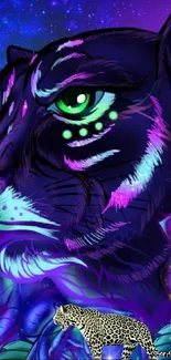 Vibrant neon panther art with an electric cosmic background.