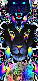 Vibrant neon panther art with intricate patterns and bold colors.