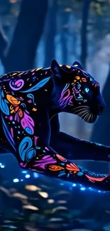 Vibrant panther with colorful designs leaps through a mystical forest.