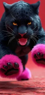 Fierce black panther with pink paws on red background.