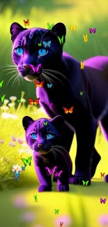 Neon panthers with butterflies in a vibrant meadow background.