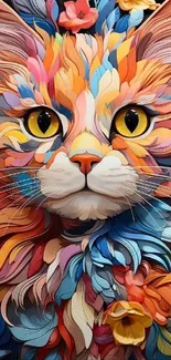 Colorful paper art cat with vibrant textures.