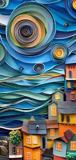 Colorful paper art of a cityscape with swirling skies.