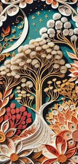 Intricate paper art landscape with vibrant colors and floral patterns.