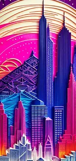 Vibrant paper art skyline with neon colors and detailed cityscape design.