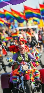 Colorful parade with rainbow flags and motorcycles celebrating diversity.