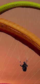 Paraglider soaring under colorful canopies during a beautiful sunset.