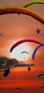 Colorful paragliders soaring at sunset in vibrant sky.