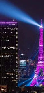 Eiffel Tower illuminated in purple light at night, Paris cityscape.