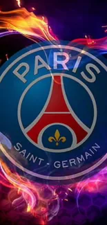 Paris Saint-Germain logo with vibrant flames wallpaper.