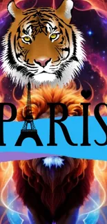 Paris tiger and cosmic wallpaper, vibrant colors.