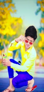 Young man posing in vibrant park with a colorful outfit and sunglasses.