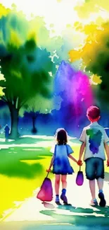 Vibrant watercolor park scene wallpaper with colorful trees and walking people.