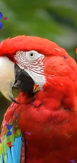 Vibrant parrot with colorful butterflies on a lush background.