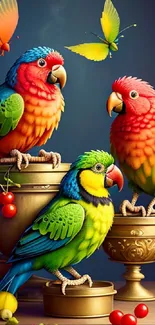 Colorful parrots and butterflies mobile wallpaper.