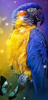 Colorful parrot with a butterfly on a vibrant background.