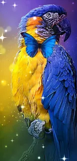 Colorful parrot with a butterfly on a vibrant, artistic wallpaper.