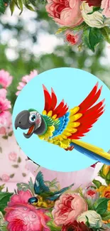 Vibrant parrot flying over a floral background with colorful flowers.