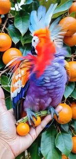 Vibrant parrot perched among bright oranges.