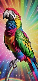 Colorful parrot with rainbow rays background.