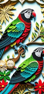 Vibrant parrot art wallpaper with colorful and detailed design.