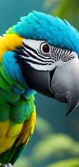 Colorful parrot on a branch with jungle backdrop.