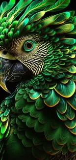 Artistic depiction of a colorful parrot with intricate, vibrant green feathers.