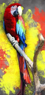 Vibrant red parrot perched on a branch with a colorful splash background.