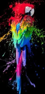 Vibrant parrot with splash effect on black background mobile wallpaper.