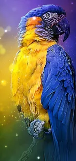 Vibrant parrot with colorful feathers on a tree branch.