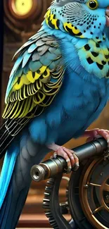 A vibrant parrot with colorful feathers perched on a metallic object.