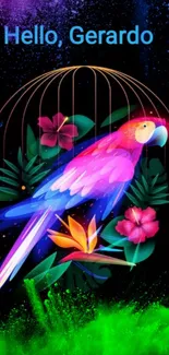 Vibrant parrot and flowers with neon colors on dark background.