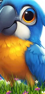 A colorful cartoon parrot with bright orange and blue feathers.