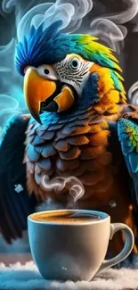 Colorful parrot with a steaming coffee cup in a dynamic mobile wallpaper.