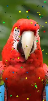 Vibrant red parrot with colorful confetti and green background.