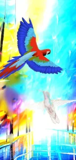 Colorful parrot flies in vibrant, abstract digital art wallpaper.