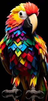 Colorful digital parrot art on dark black background.