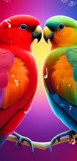 Vibrant parrot duo with colorful plumage on a gradient background.