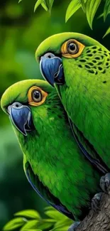 Two vibrant green parrots perched on a branch with lush foliage background.