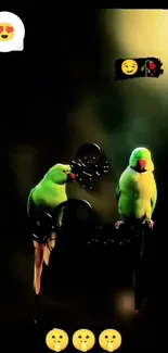 Two vibrant green parrots on a dark background.