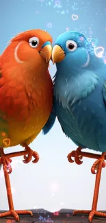 Two colorful parrots against a bright blue sky on a mobile wallpaper.